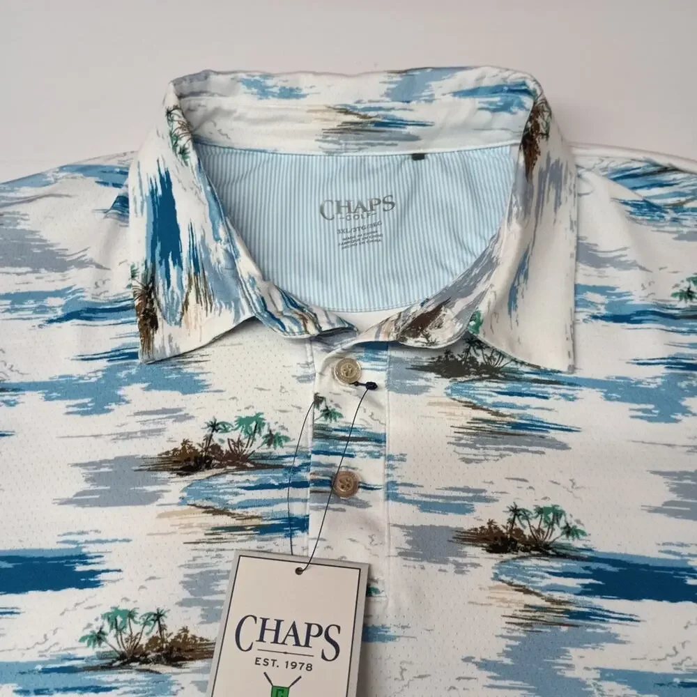 Chaps Printed Golf Polo Shirt Men's Size 3XL Bright White Stretch Moisture Wick‎